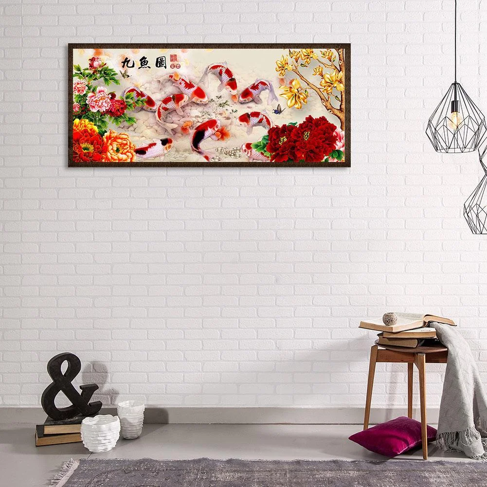 Diamond Painting - Full Round Drill - Peony 9 Fishes (80*35cm)