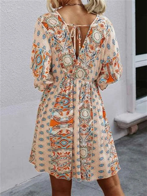 Women's Short Sleeve V-neck Floral Printed Lace-up Midi Dress