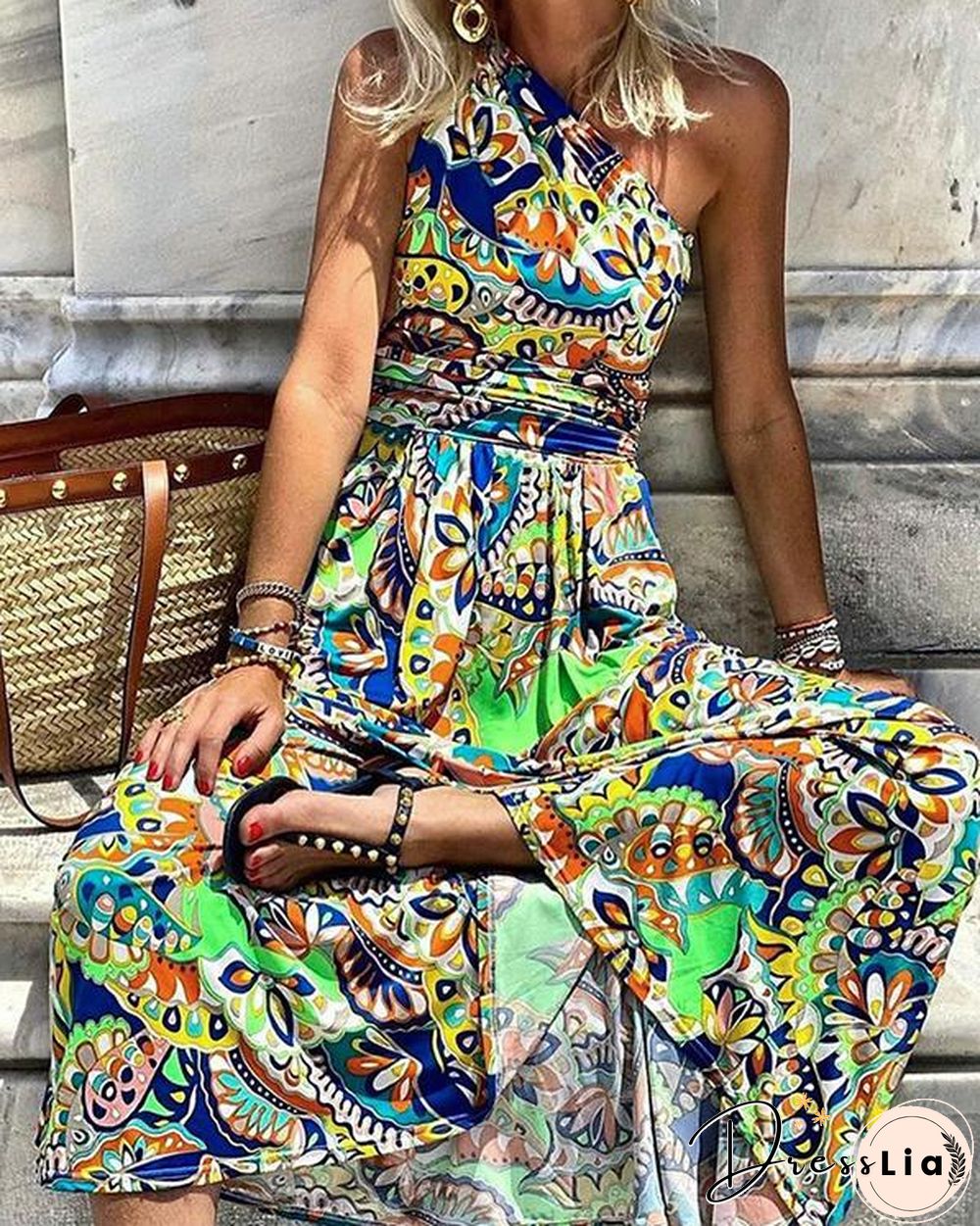 Printing One Shoulder Sleeveless Bohemian Long Dress