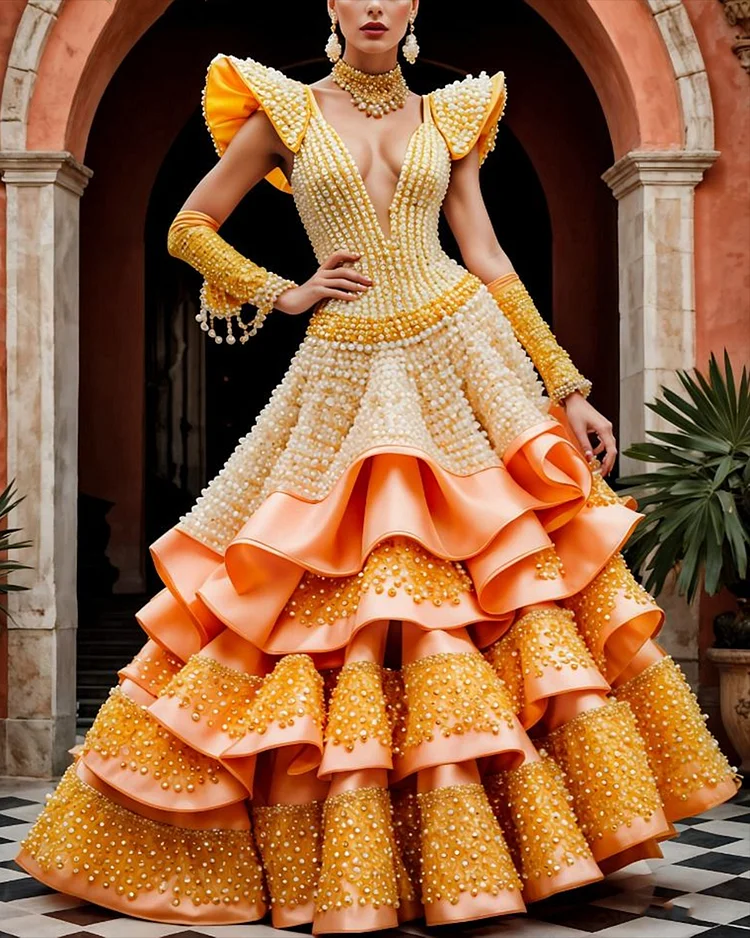 Women's V-neck Pearl Embroidery Dress