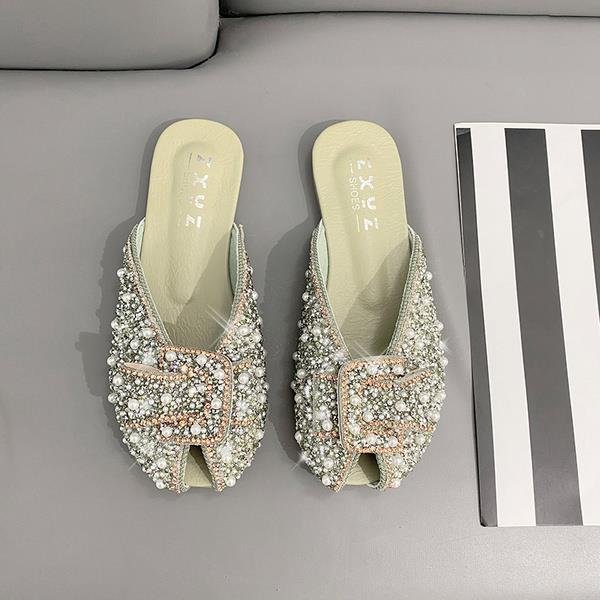 Breakj Women 2021 Loafers Glitter Slides Ladies' Slippers Peep Toe Flat Shoes Female Pantofle Fashion Jelly New Luxury