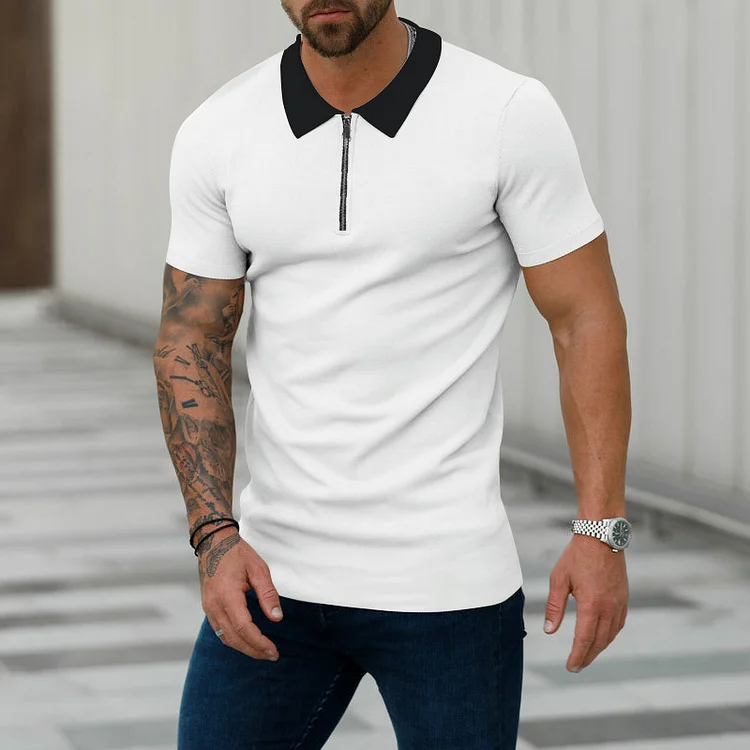 BrosWear Men's Color Blocking Casual Zipper Short Sleeve  Polo Shirt