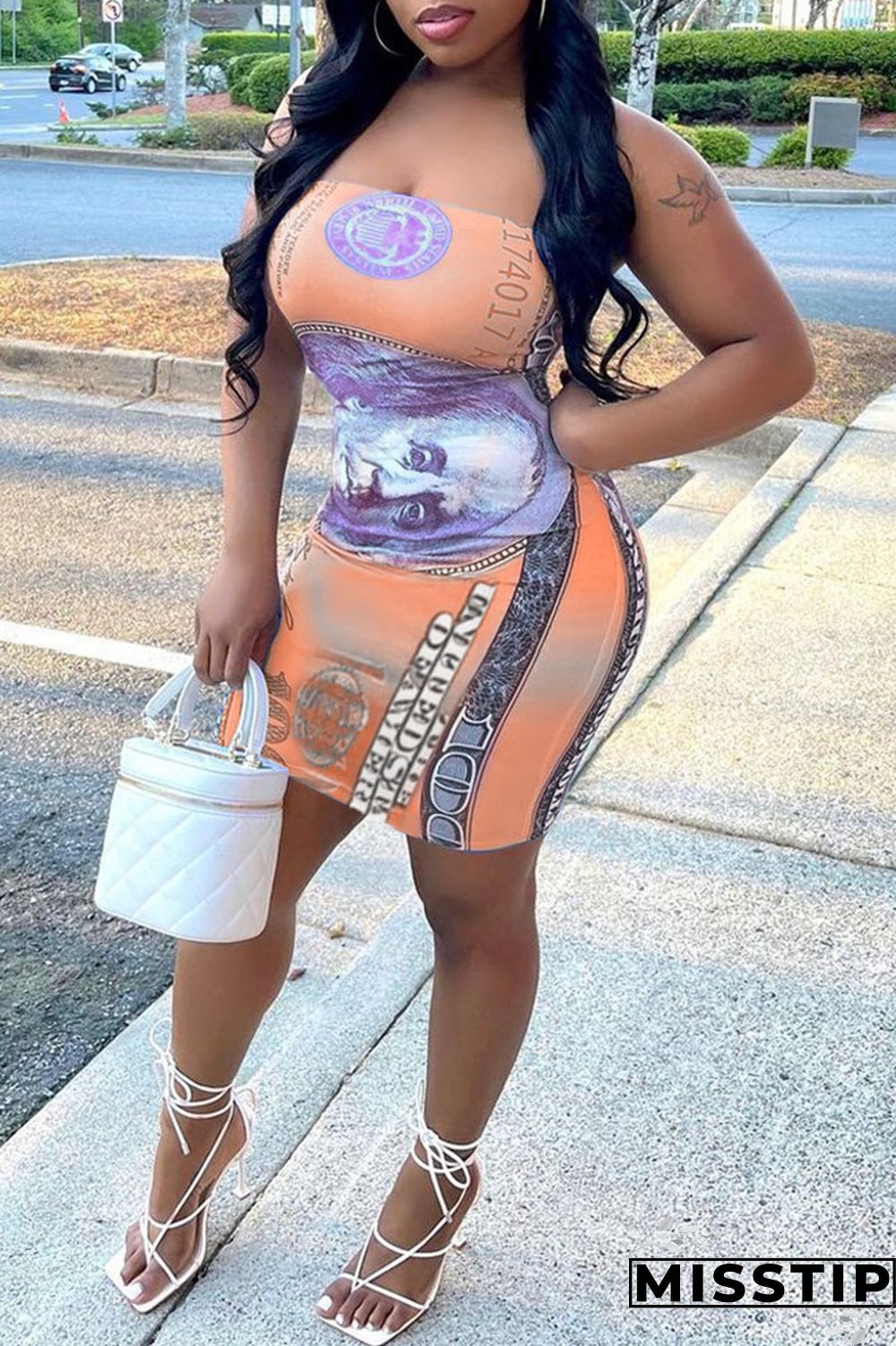 Orange Sexy Print Patchwork Strapless Sheath Dresses