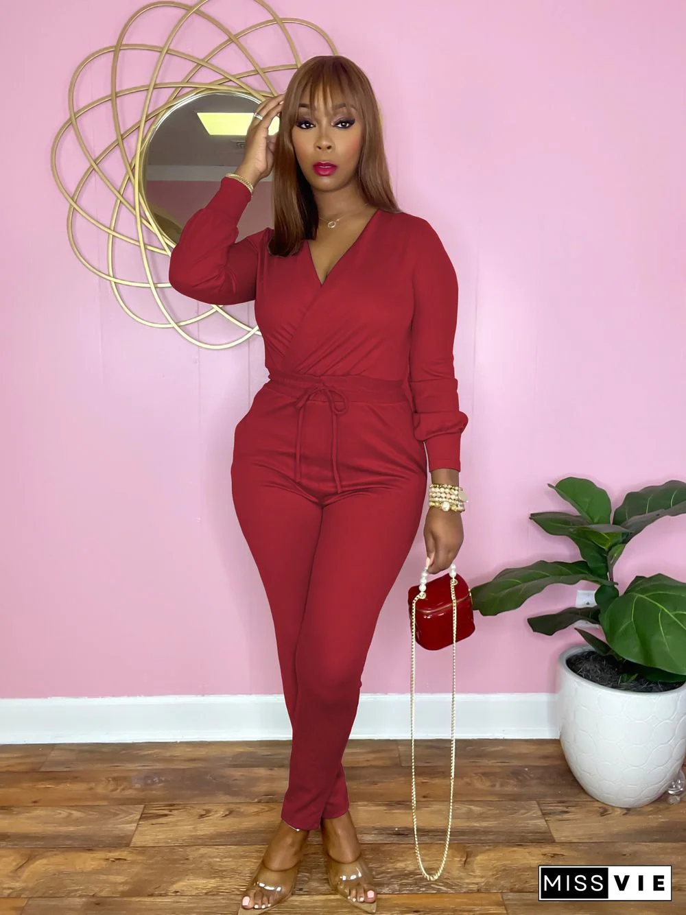 V Neck Lace Up Long Sleeve Bodycon Jumpsuit