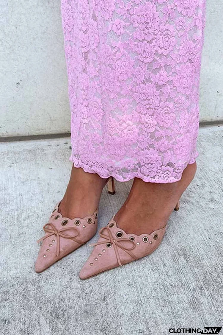 Suede Point Toe Bow Hollow Mule Pumps