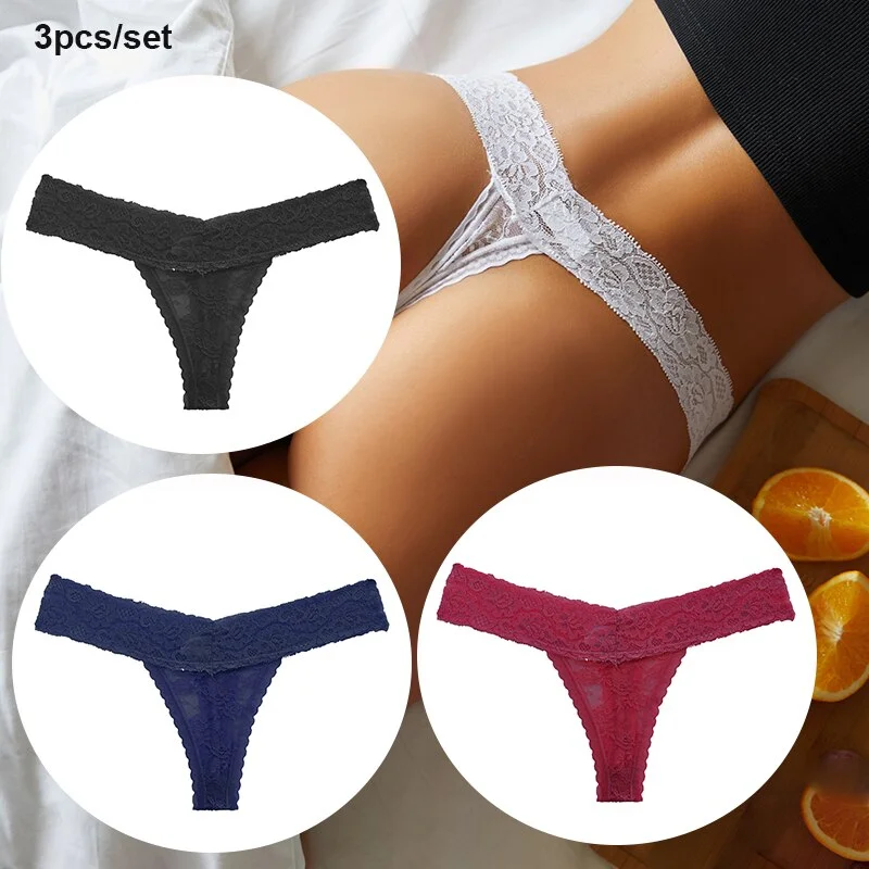 FINETOO 3PCS/Set Women Lace Sexy G-string Perspective Lingerie Temptation Panties Thong Underwear Panty Female Intimates M-XL