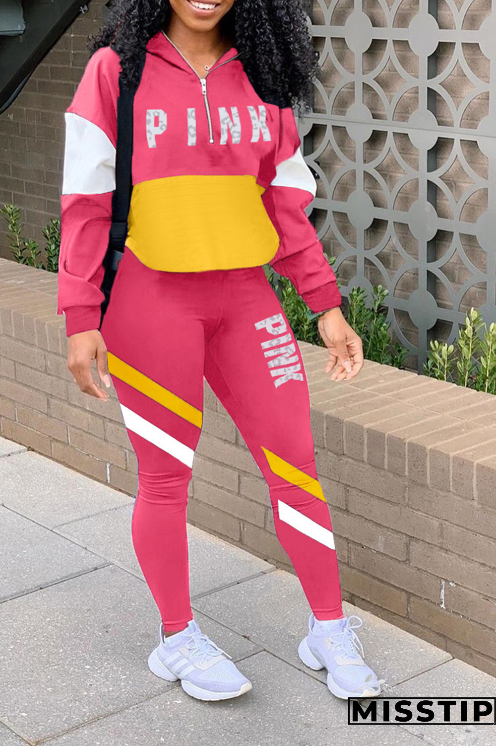 Light Pink Casual Print Patchwork Zipper Collar Long Sleeve Two Pieces