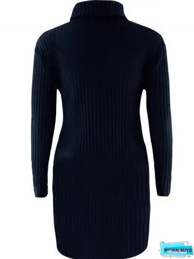 Fashion Long Sleeve Casual High Neck Striped Knit Sweater Dress