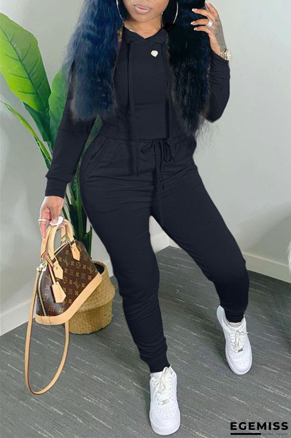 Black Fashion Casual Solid Basic Hooded Collar Long Sleeve Two Pieces | EGEMISS