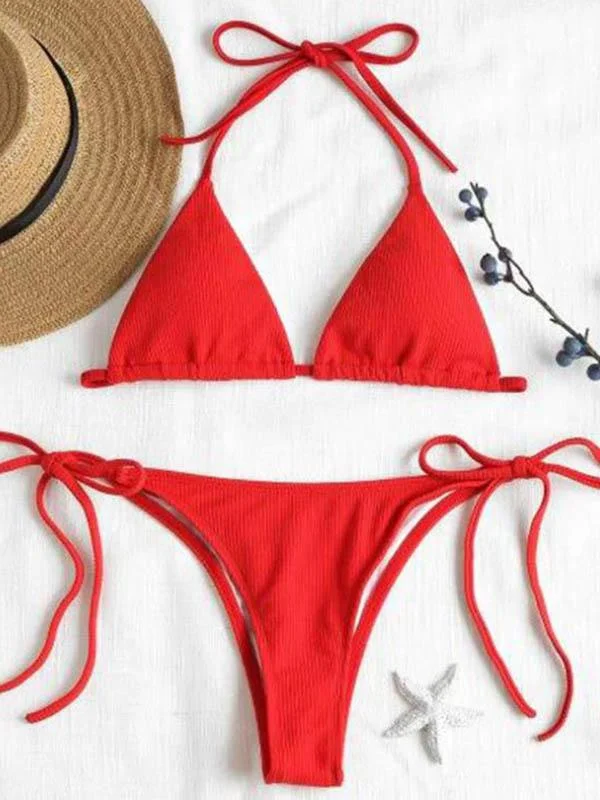 Solid Color Triangle Bandage Split Bikini Swimsuit