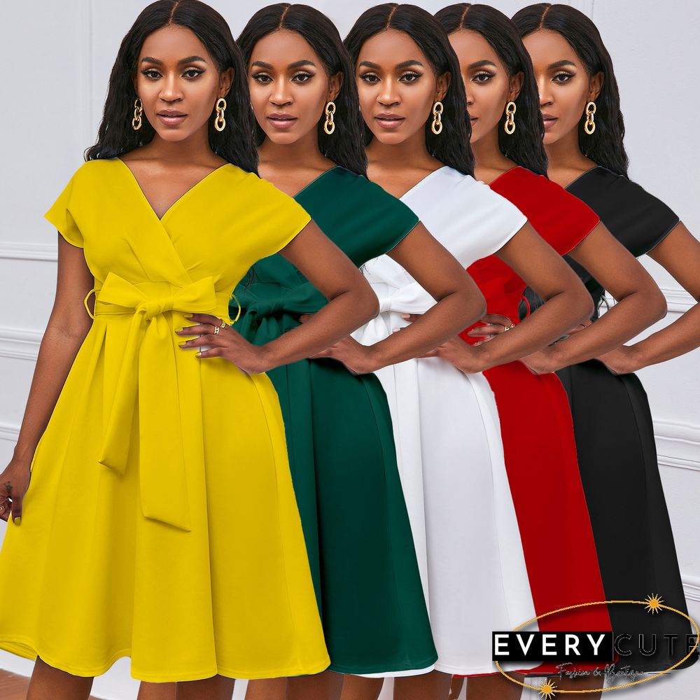 V-neck Solid Color Waist Bow Tie Dress White Dresses