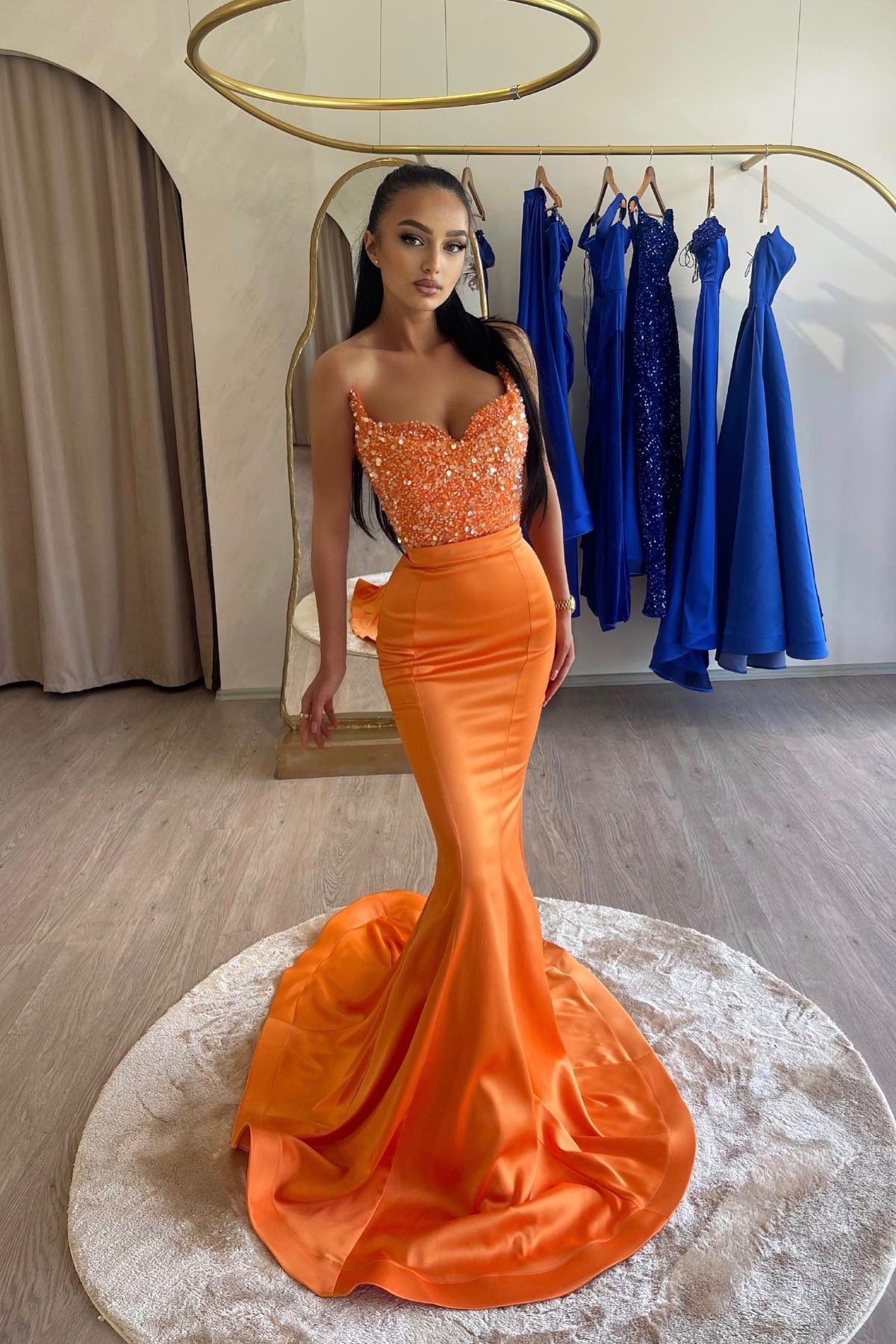 Chic Orange Sweetheart Sleeveless Mermaid Prom Dress With Sequins - lulusllly