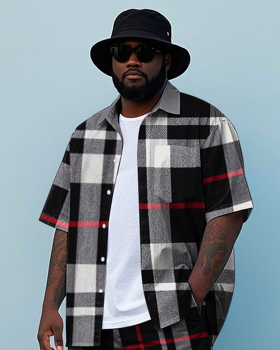 Men's Big Size Simple Classic Black Plaid Printed Daily Casual Short Sleeve Shirt and Shorts Set