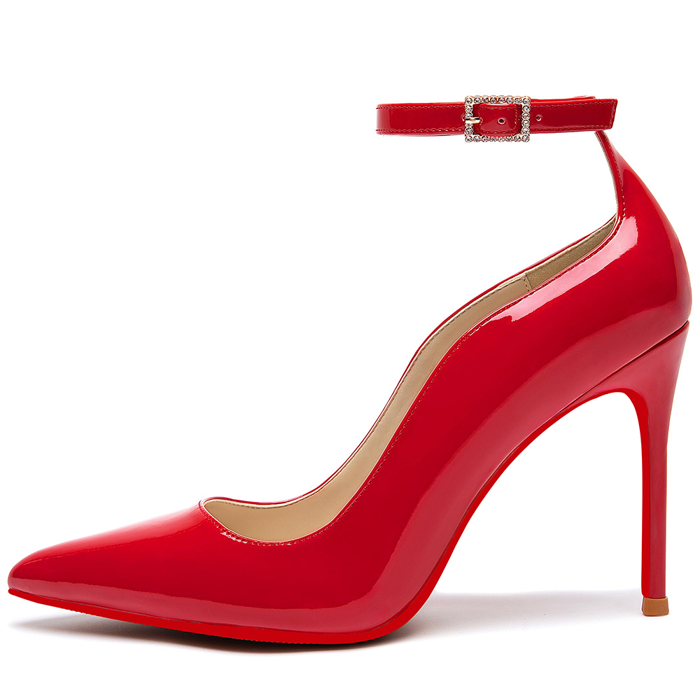 100mm Women's Wedding Party Heels Classic Color Red Bottom Patent Ankle Strap Pumps -vocosishoes