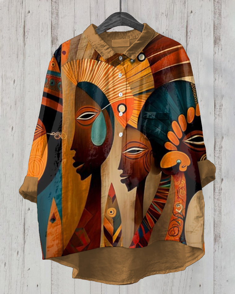 Black Tribal Culture Casual Cotton and Linen Shirt