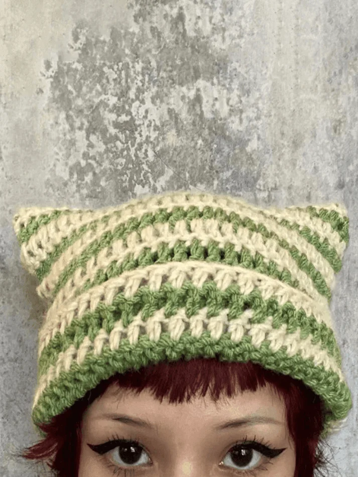 Brownm Hand Made Horn Detail Striped Knitted Hat