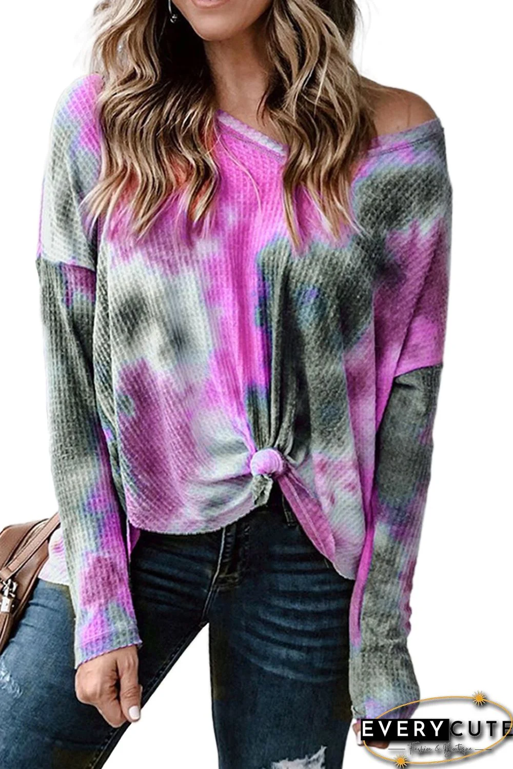 V-neck Knotted Rose Tie-dye Top