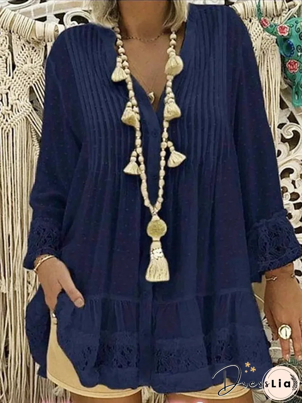 Women's Plus Size Blouse Shirt Solid Colored Long Sleeve Lace Pleated V Neck Tops Loose Basic Top White Blushing Pink Khaki-817