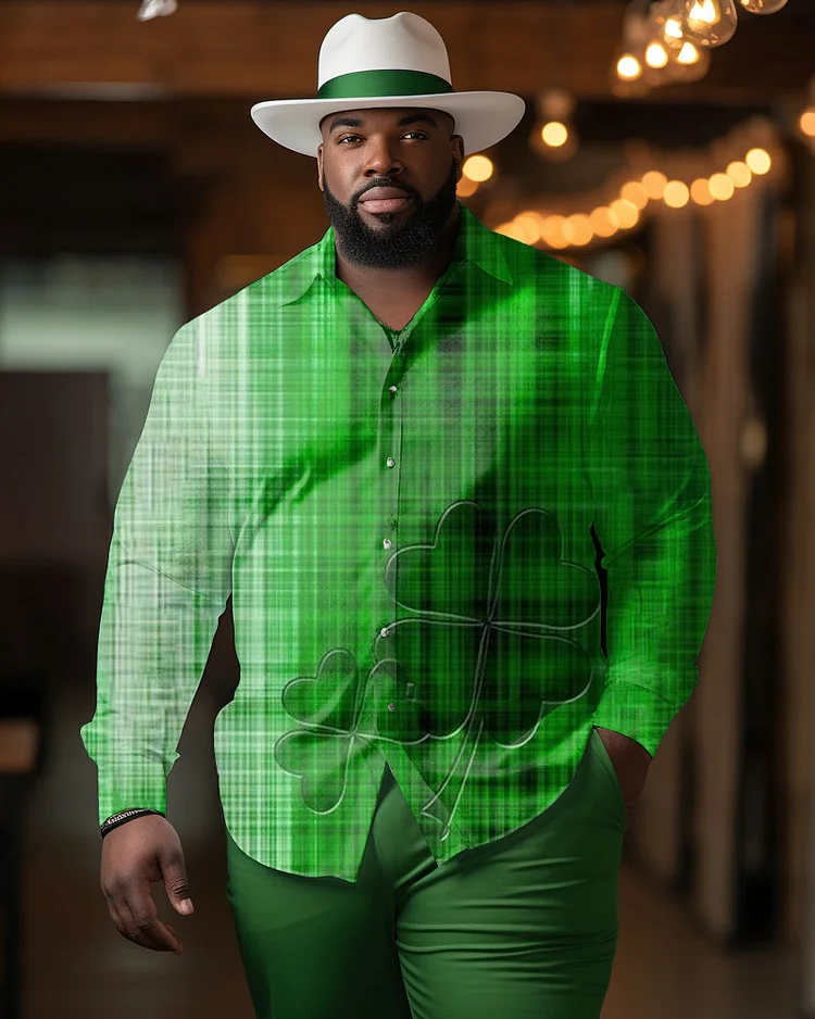 Men's Plus Size Casual St. Patrick's Day Plaid Lapel Long Sleeve Shirt