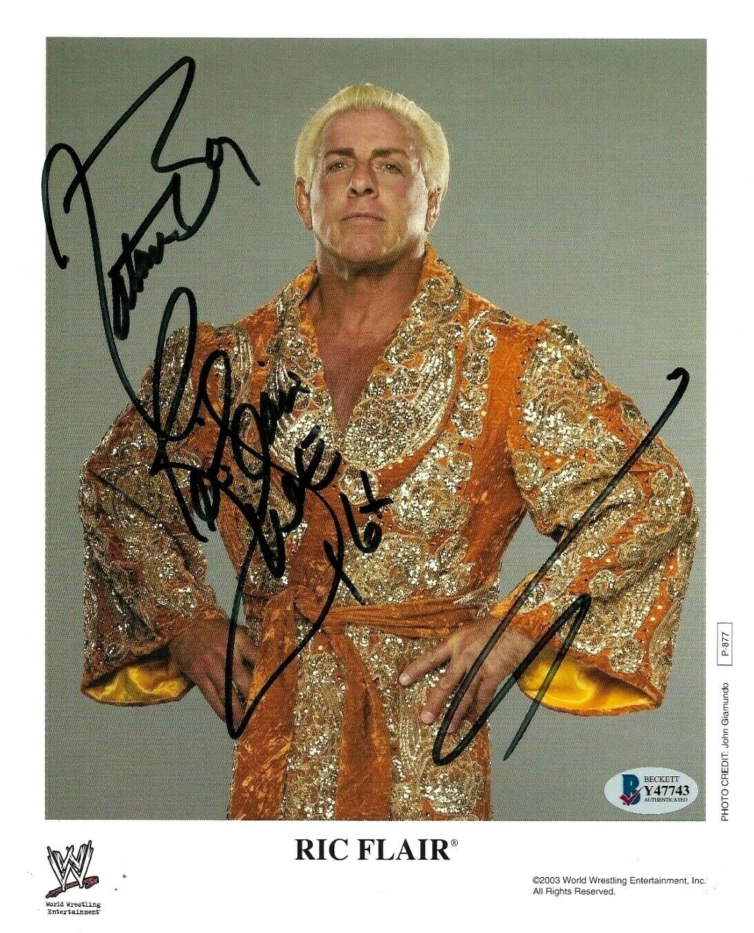 WWE RIC FLAIR P-877 HAND SIGNED AUTOGRAPHED 8X10 PROMO Photo Poster painting WITH BECKETT COA