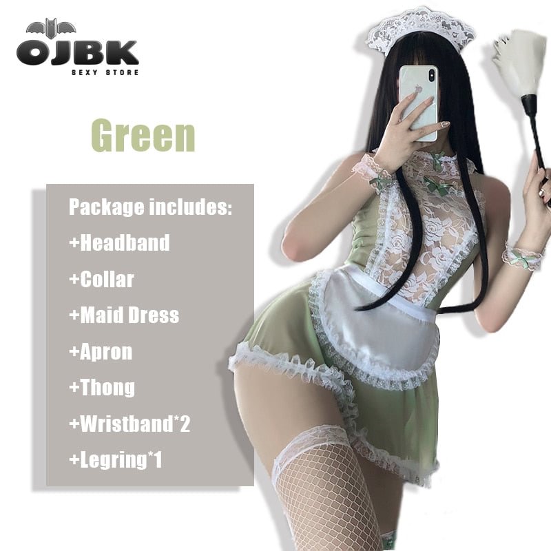 OJBK 3 Colors Japanese Sexy Maid Cosplay Costumes For Woman Transparent Sex Party Lingerie Couple SM AV Lace Outfit 2020 New