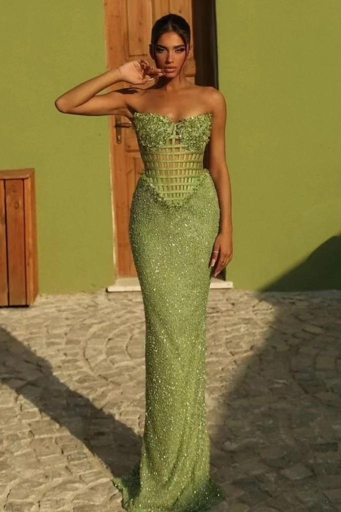 green off-the-shoulder long Mermaid Prom Dress With Beadings