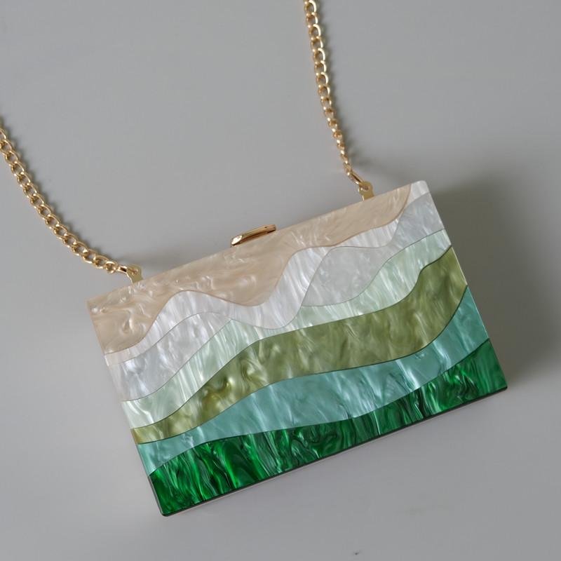 Women Handbags Green Beige Striped Acrylic Luxury Party Evening Bag-VESSFUL