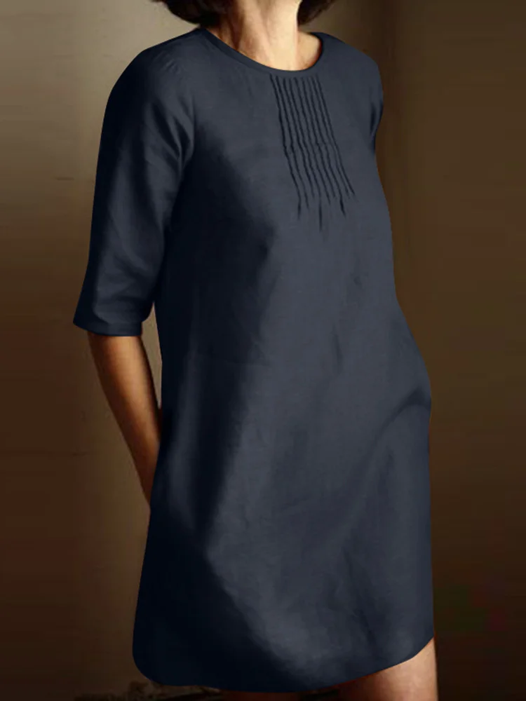 Women's Elegant Linen Dress Crew Neck Mid Sleeve Pleated Design A Linen Midi Dress