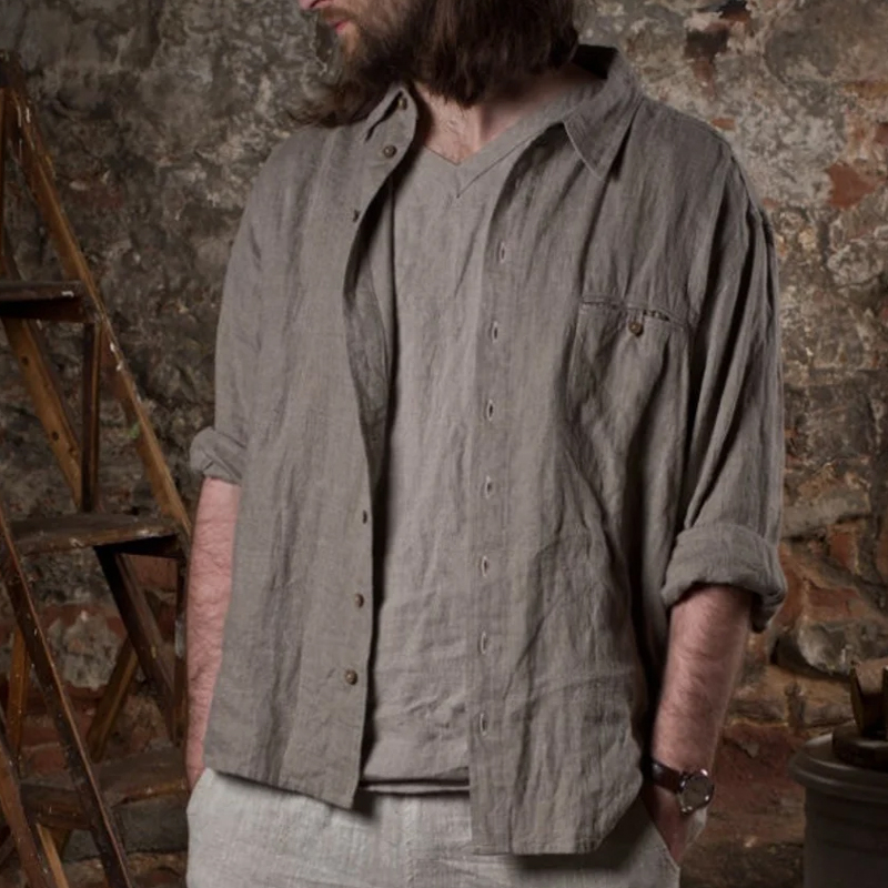 Men's Gray Blue Button Linen Gray Shirt