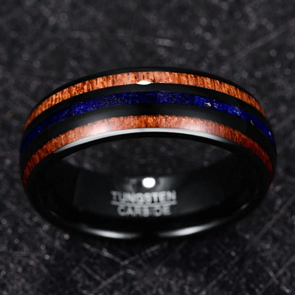 8mm Hawaii Koa Wood And Purple Lapis Lazuli Inlay Black Tungsten Carbide Men's Wedding Bands