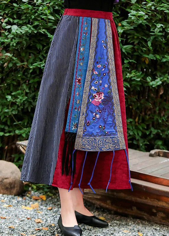 Vintage Red Embroideried Floral A Line Skirt Summer