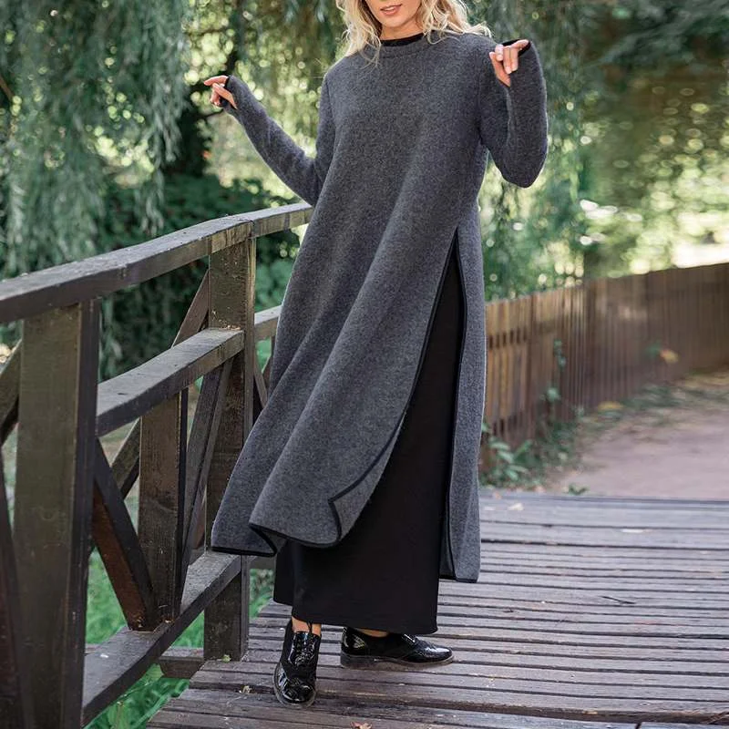 Maxi Long Dress VONDA Autumn Loose  O Neck Side Split Fashion Pullover Maxi Sweatshirt Dresses Asymmetric Vestidos Femme Robe