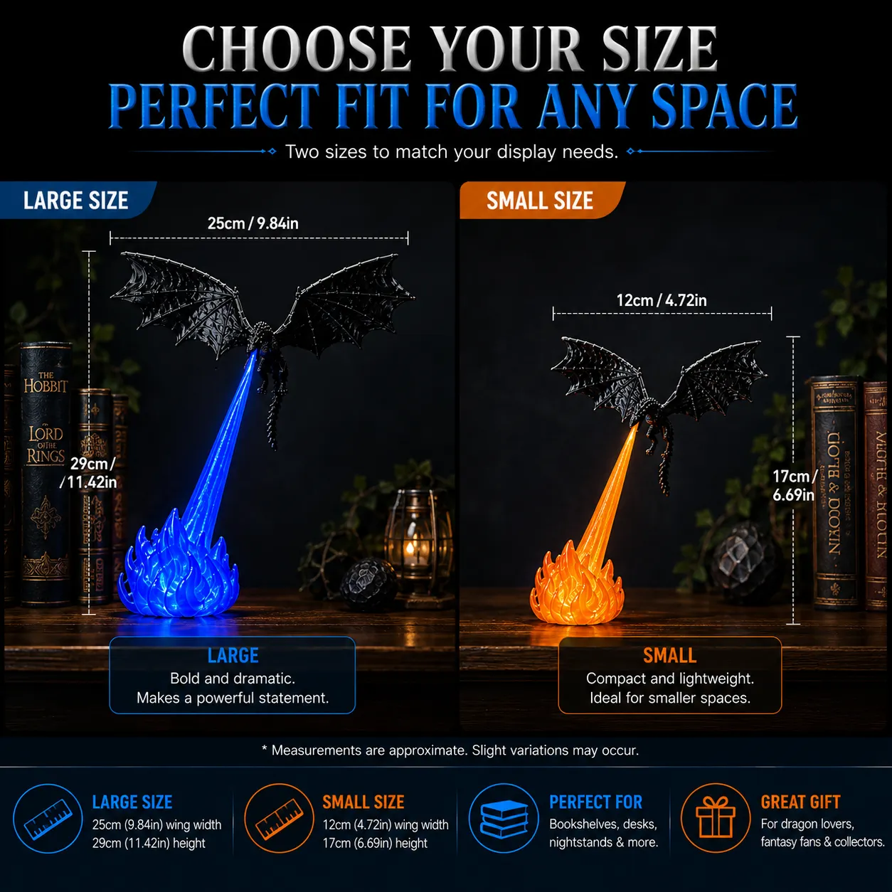 Small and large dragon display light dimensions