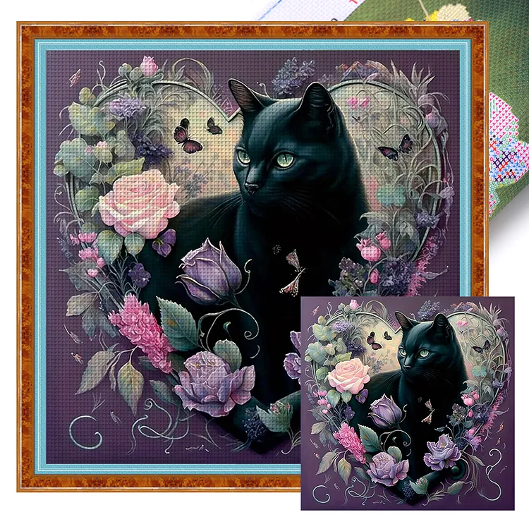 『YiShu』Flowers Black Cat  - 11CT Stamped Cross Stitch(40*40cm)