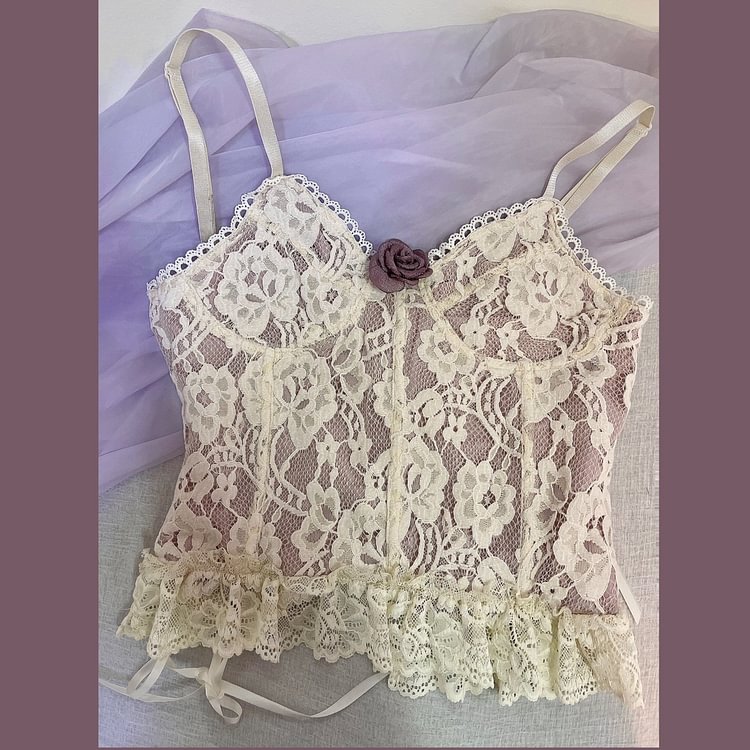 Fairy Tales Aesthetic Vintage Lace Lace Up Corset Cami Top QueenFunky