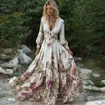 Classy Vintage Roses Print V Neck Flowy Maxi Dress - Image 2