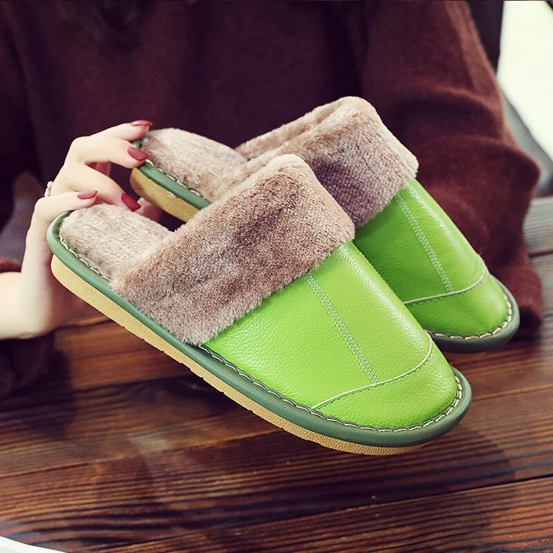 Female Slippers Genuine Leather Women's Slippers for Home Soft Velvet Plush Slippers Indoor Comfy Waterproof  Shoes Woman