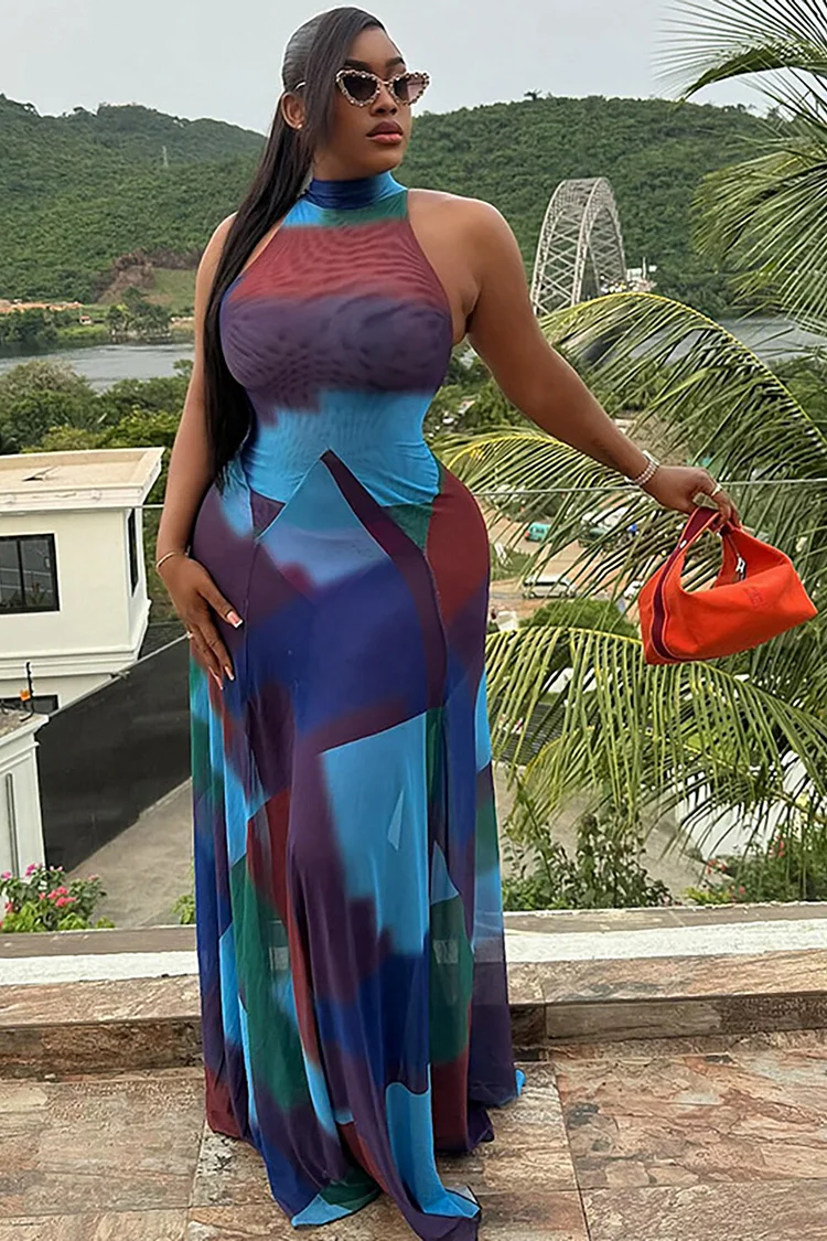 Dyeing Print Sleeveless High Neck Cinch Waist Maxi Dresses-Blue