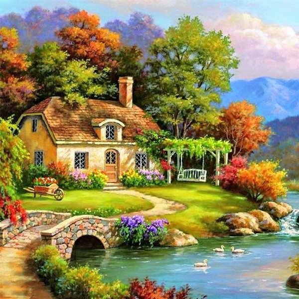 DIY 5D House and River Landscape Diamond Painting Full Drill with Number Kits Home and Kitchen Fashion Crystal Rhinestone Cross Stitch Embroidery Paintings Canvas Pictures Wall Decoration Gifts Arts and Crafts for Adults and Kids 1