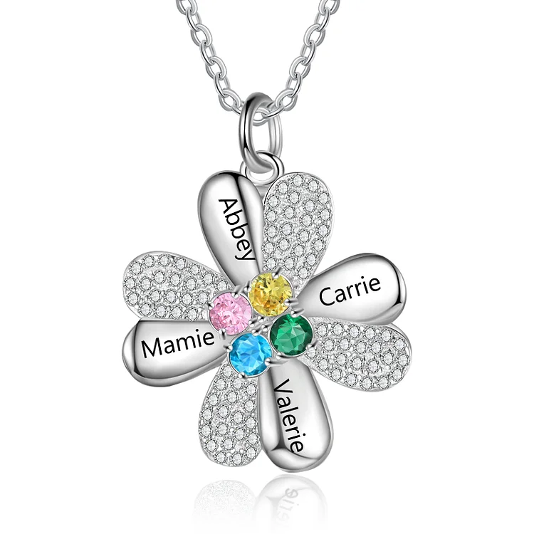 Four Leaf Clover Necklace Custom 4 Birthstones and Names for Her
