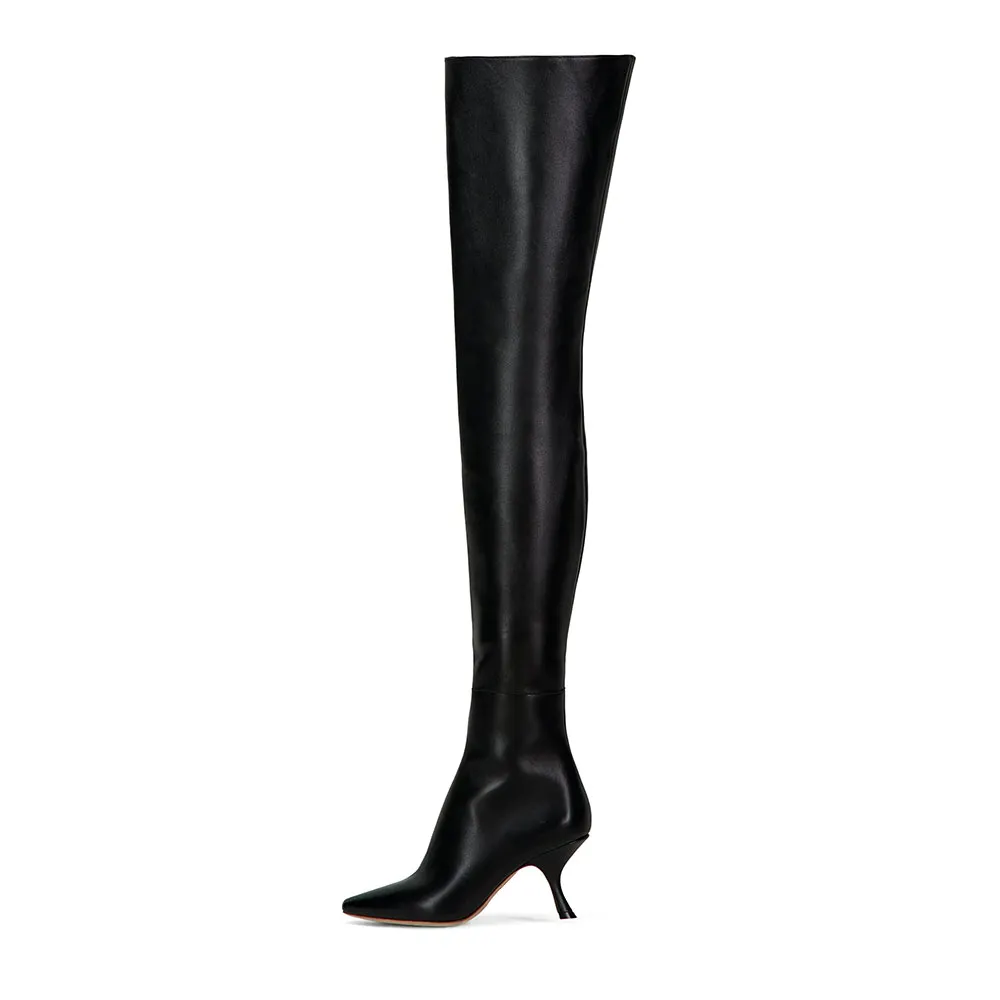 Women's Black Faux Leather Pointed Toe Side Zipper Thigh High Boots