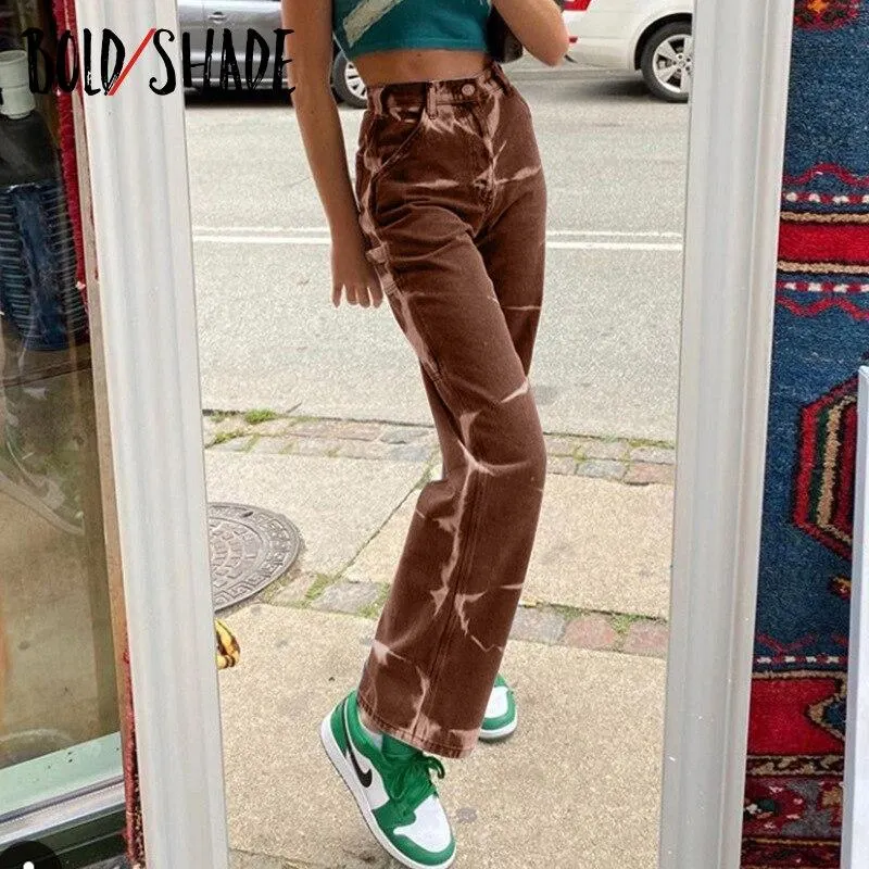 Bold Shade Grunge Streetwear Fashion Indie Jeans Tie Dye Skater Denim Pants Boyfriend Jeans 90s Teen Girls Style Y2K Bottom Fall