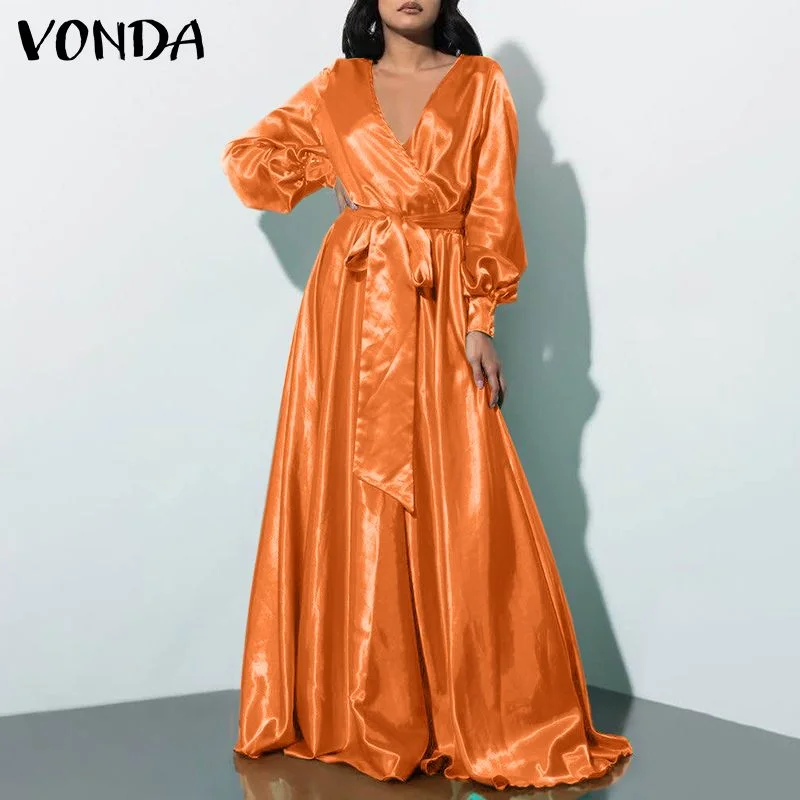 VONDA Fashion Satin Party Sundress 2022 Women Bohemian Summer Long Dress Sexy V Neck Female Solid Casual A-Line Maxi Robe Femme