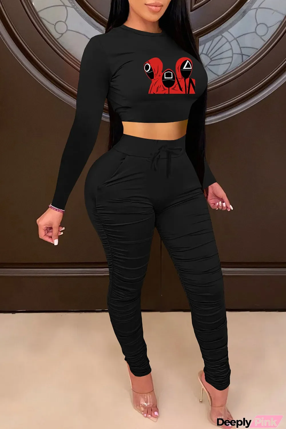 Black Casual Print Split Joint Fold O Neck Long Sleeve Two Pieces