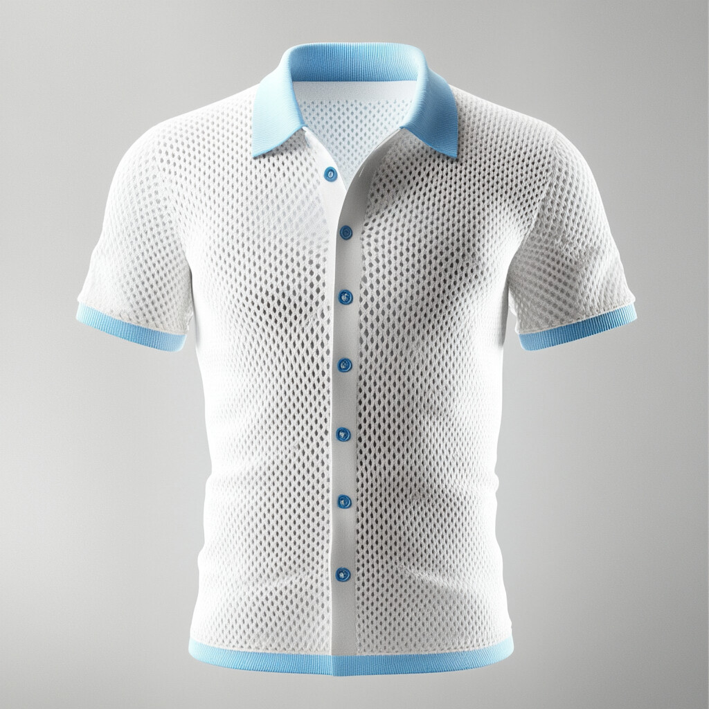 Men's Turndown Collar Short Sleeve Button Knit Hollow Out Contrast Binding Shirt