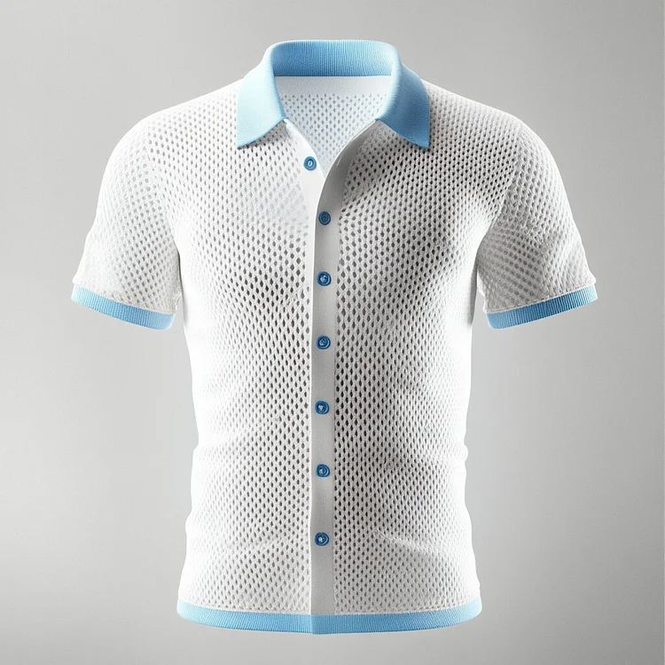 Men's Turndown Collar Short Sleeve Button Knit Hollow Out Contrast Binding Shirt