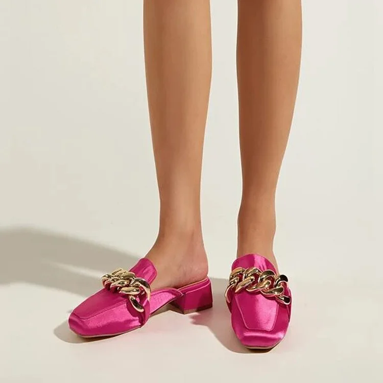 Hot Pink Block Heel Square Toe Buckled Mule Loafers for Women |FSJ Shoes
