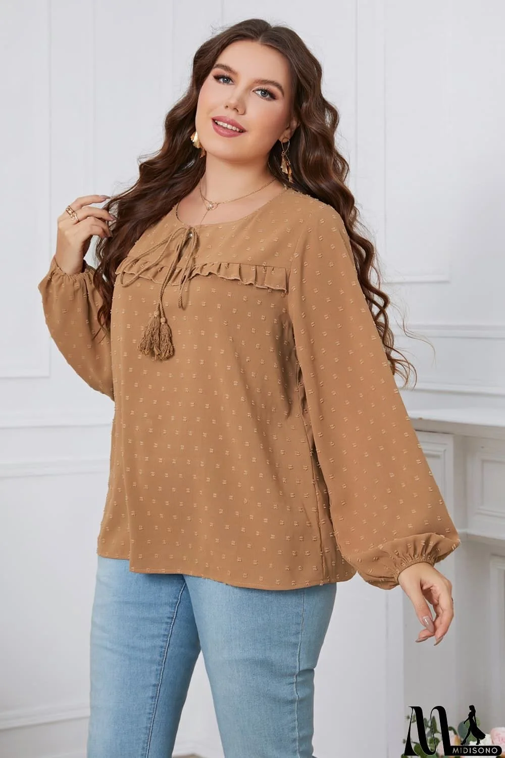 MidiSono - Melo Apparel Plus Size Swiss Dot Frill Trim Round Neck Blouse