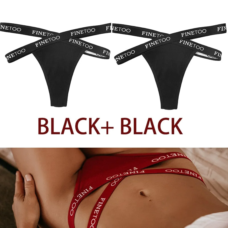 FINETOO 2PCS/Set Women's Cotton G-string Sexy Cross Strap Panties Letter Waisted Underwear Thongs Femme Hollow Out Lady Briefs