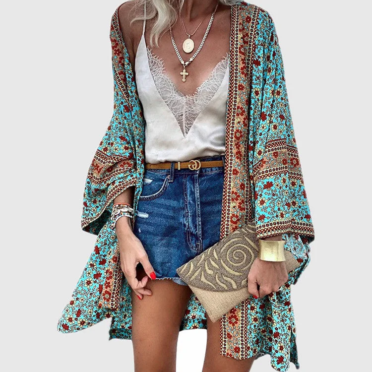 Uveng Early Autumn Street Hipster Thin Loose Bohemian Long-sleeved Printed Mid-length Cardigan